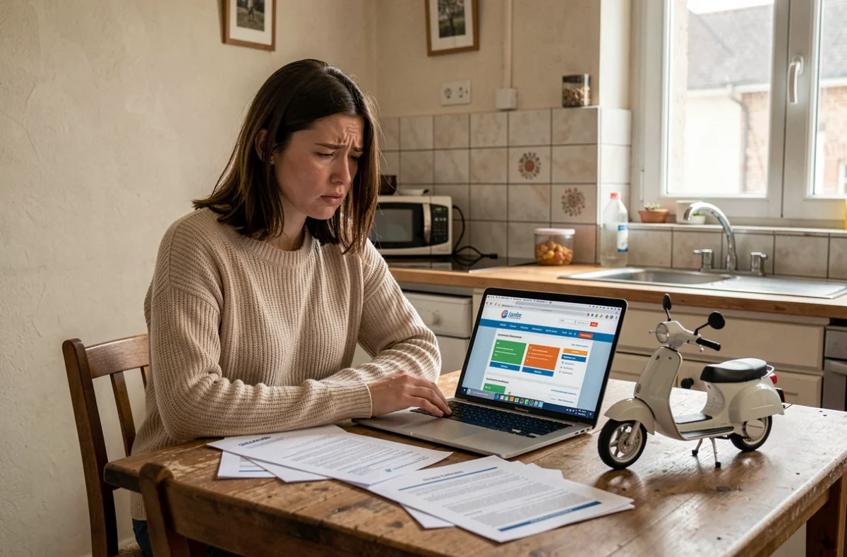 Jeune femme consultant des documents d'assurance scooter 50cc à la maison, cherchant à régulariser sa situation pour éviter les risques légaux