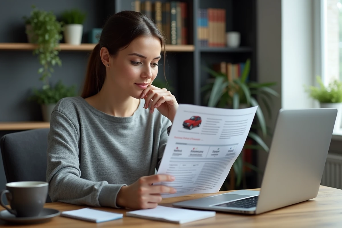 Femme consultant un site de pièces automobiles en ligne avec un document de garantie constructeur posé sur son bureau à domicile