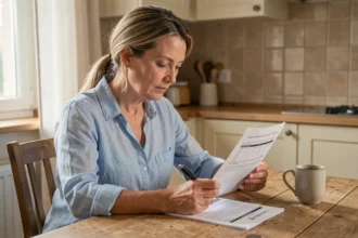 Une femme consulte son relevé d'assurance automobile à la maison, posé sur une table en bois