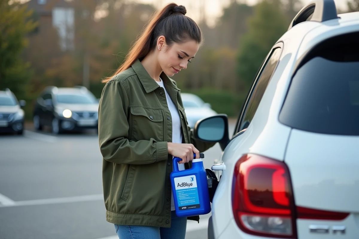 Femme ajoutant de l'additif AdBlue dans le réservoir d'une Peugeot 2008 blanche dans un parking extérieur