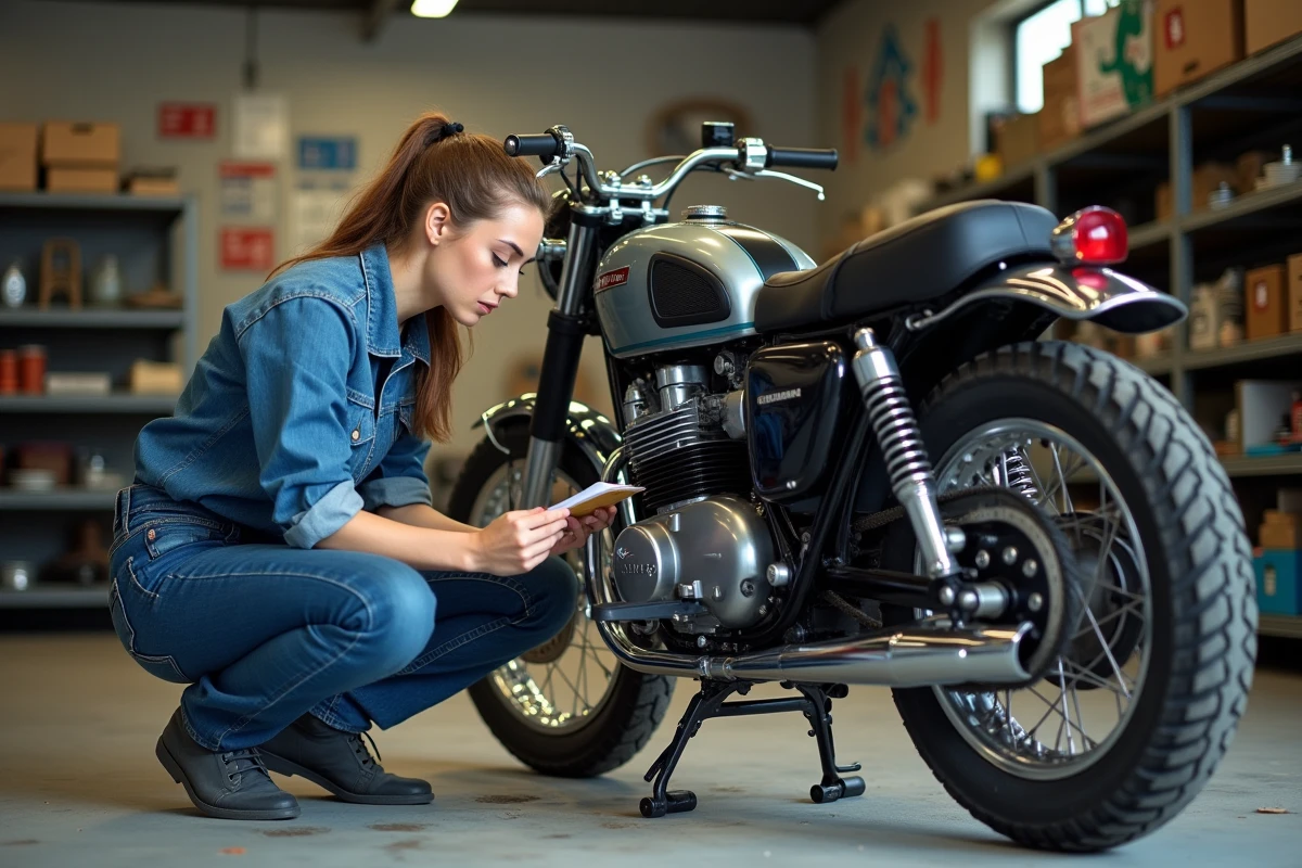 Jeune femme en atelier r&eacute;visant une Honda XLV750R