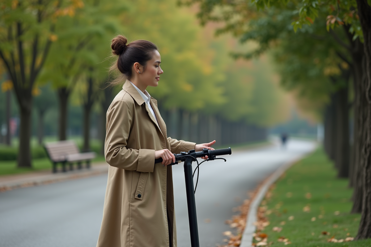 Femme vérifiant son scooter électrique au parc
