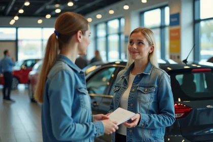 Femme en denim avec papiers pr&egrave;s d'une voiture en concession