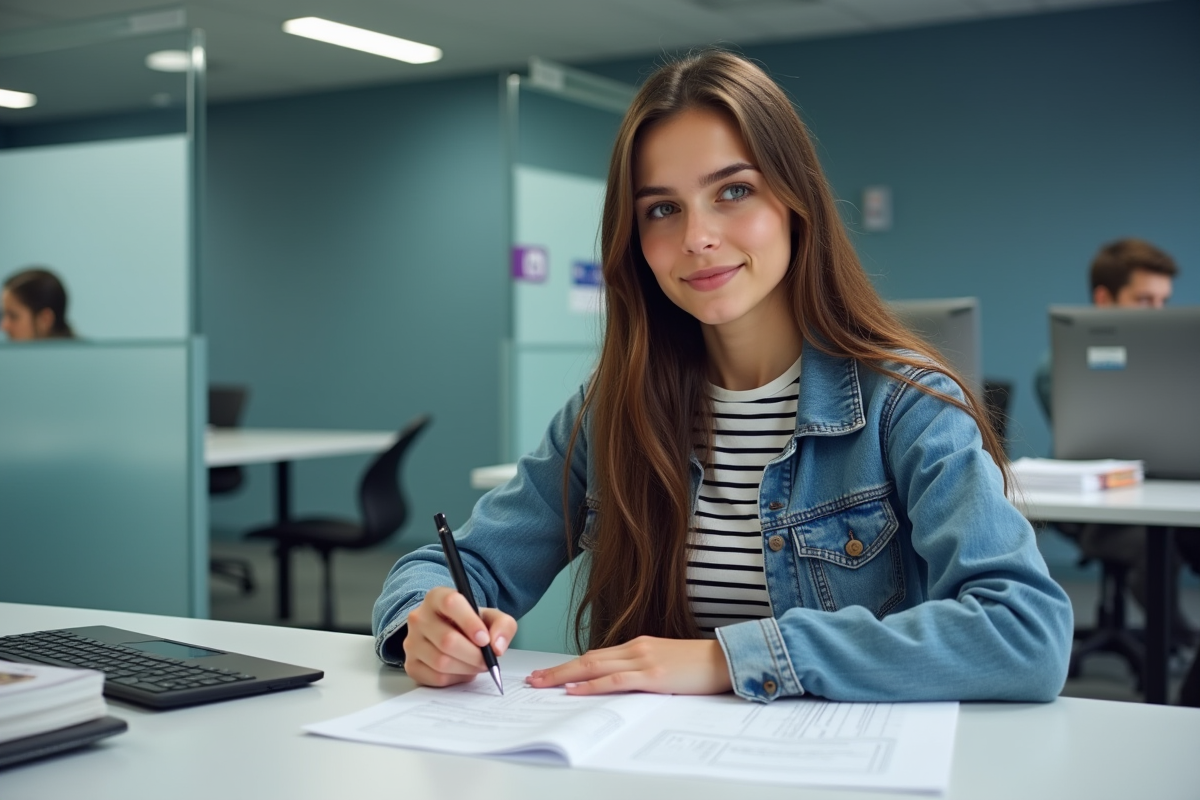 Jeune femme signant des papiers dans un bureau administratif