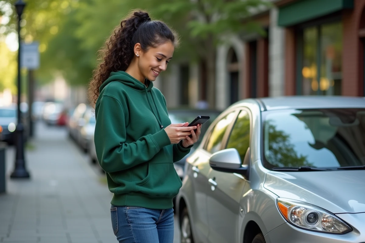 Jeune femme confirmant un rendezvous avec son smartphone à côté de sa voiture