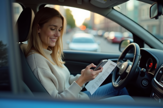 Jeune femme souriante dans sa voiture en ville