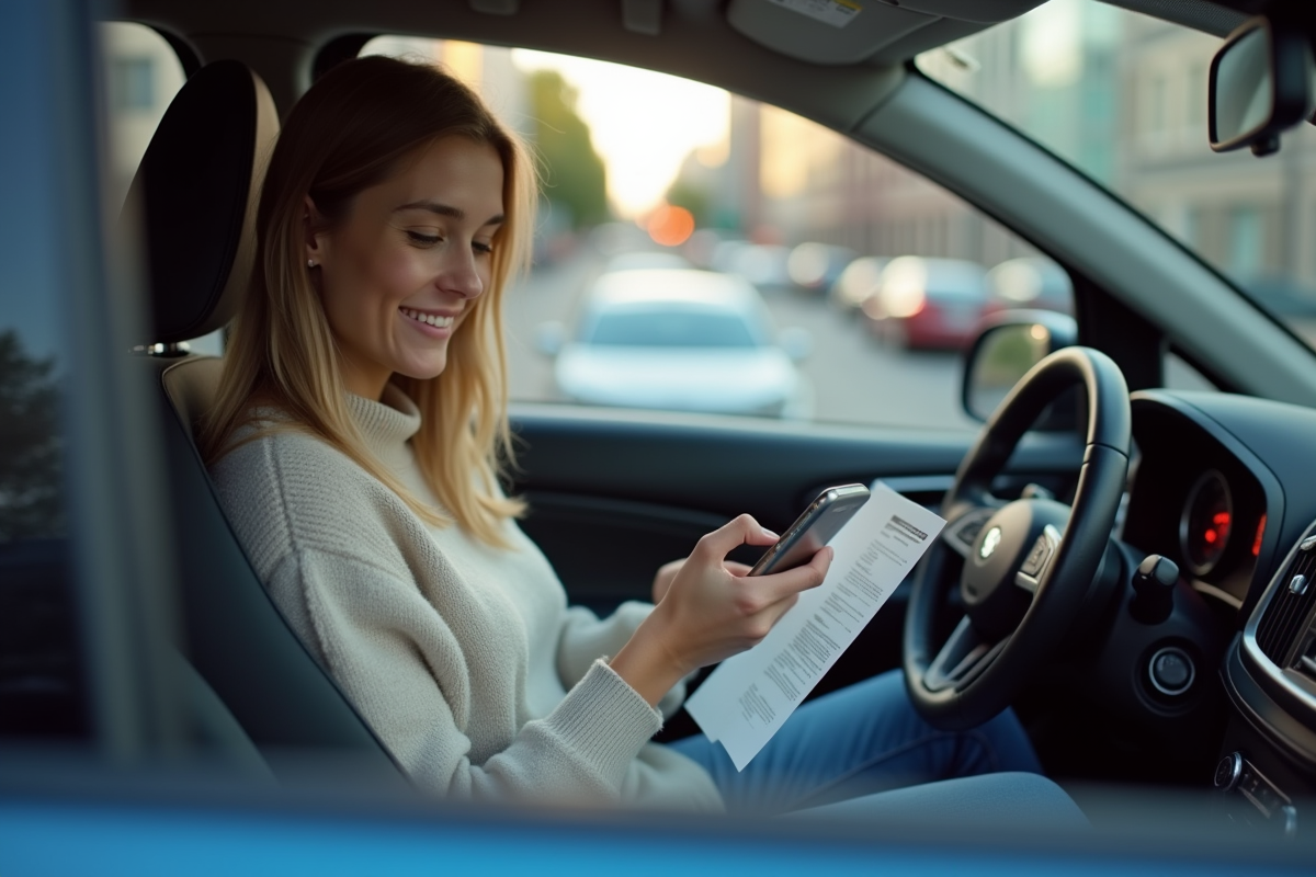 Jeune femme souriante dans sa voiture en ville