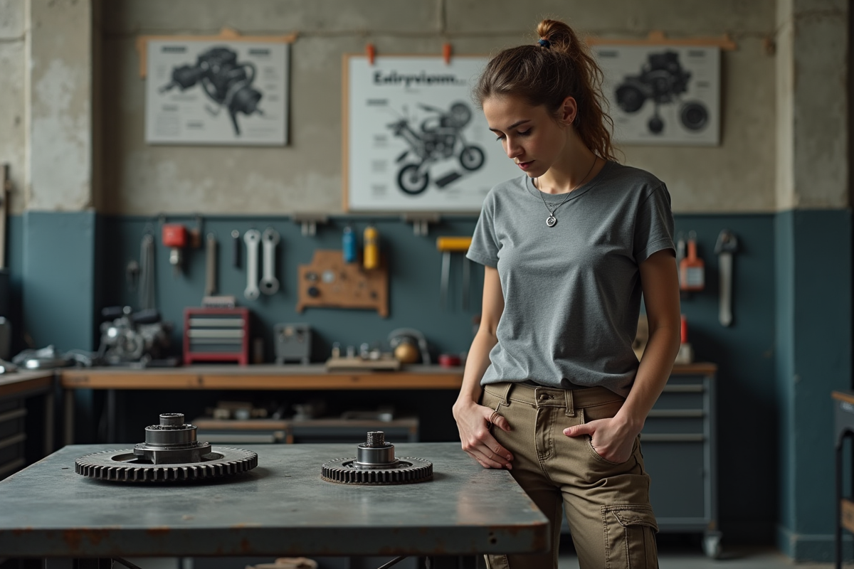 Jeune femme examinant des sprockets dans un atelier moto