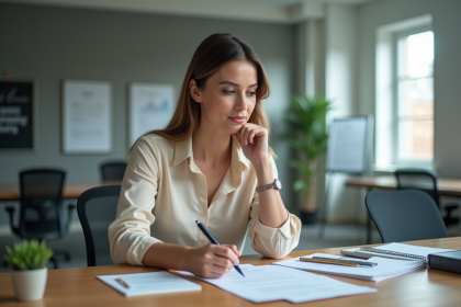 Femme en bureau lisant un contrat avec concentration