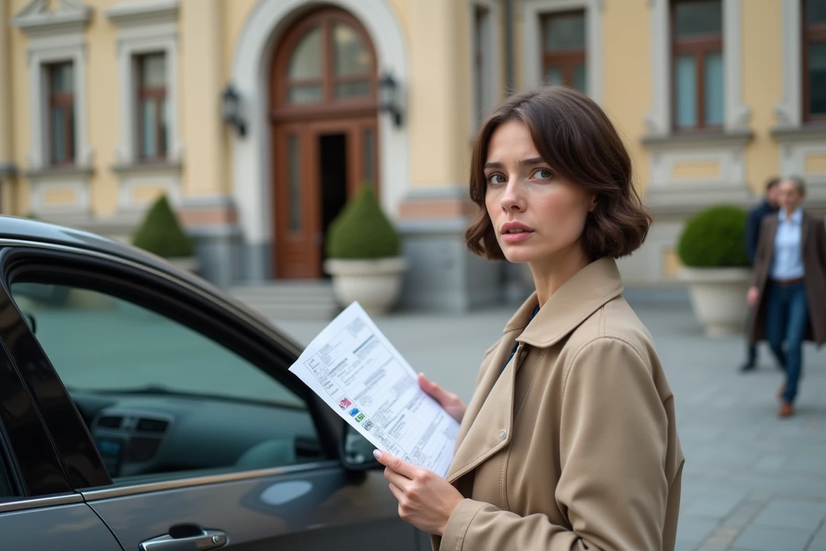 Femme ukrainienne tenant des documents d'immatriculation devant une préfecture française