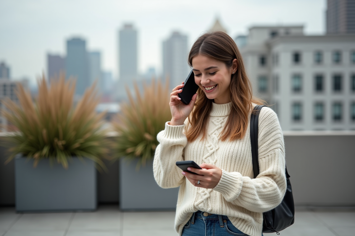 Femme décontractée utilisant un intercom en terrasse urbaine