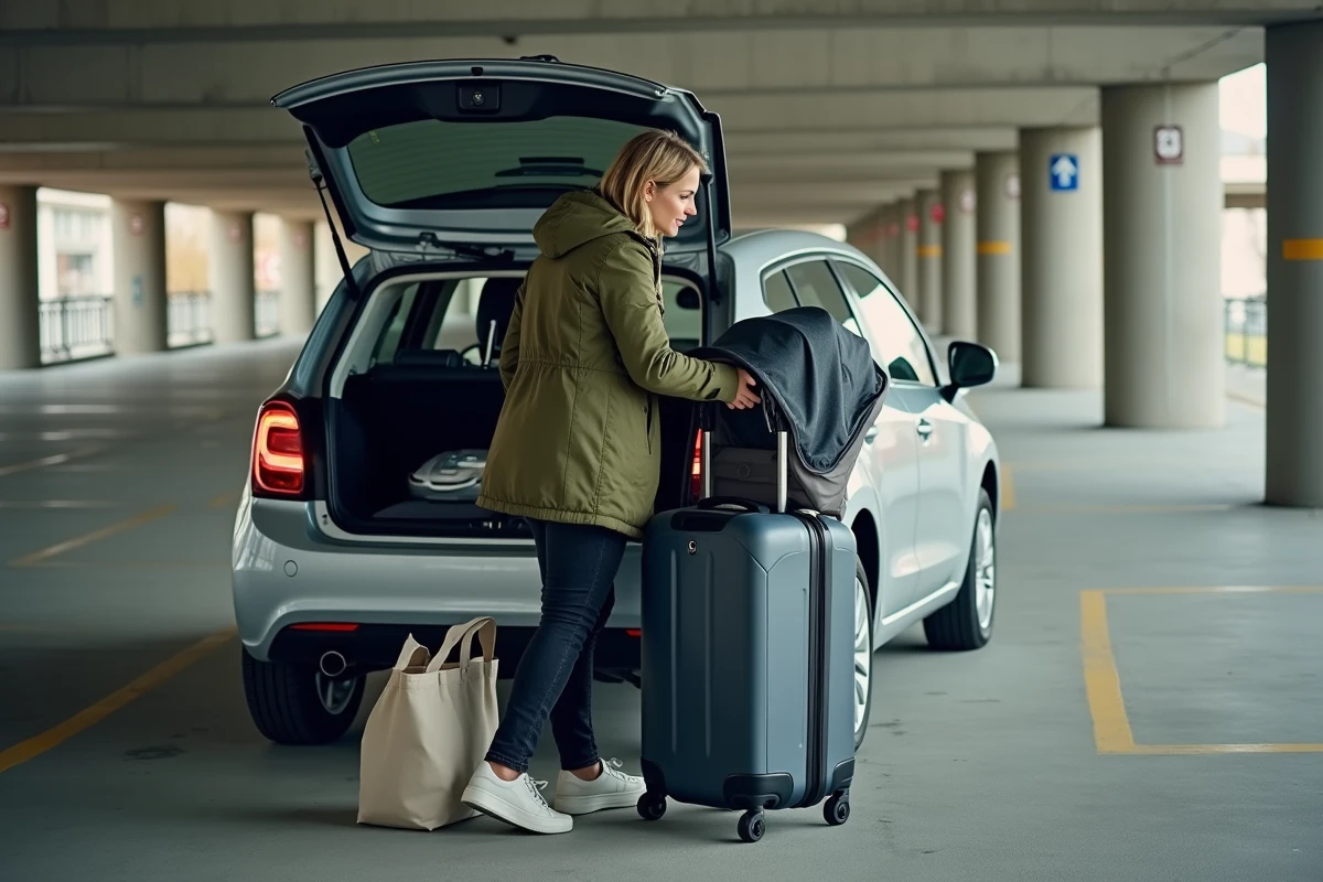 Femme sortant une valise du coffre dans un parking souterrain en centre-ville