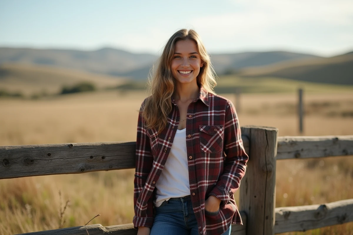 Femme en flanelle et denim dans un paysage rural
