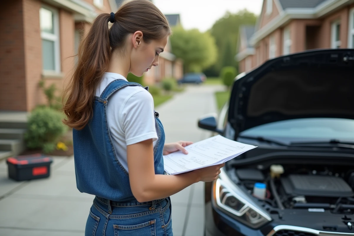 Jeune femme v&eacute;rifiant le moteur de sa voiture dans une cour r&eacute;sidentielle