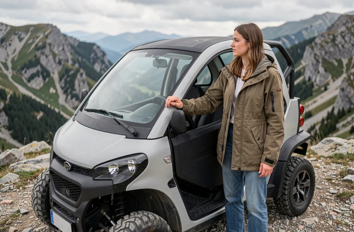 Jeune femme debout à côté d'une voiture sans permis 4x4 dans un paysage montagneux rural avec vue sur la vallée