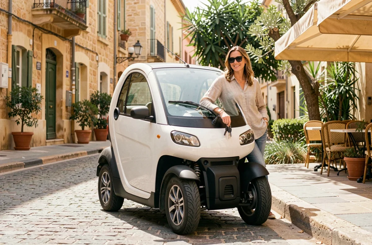 Femme choisissant une voiture sans permis électrique dans une rue ensoleillée de Montpellier