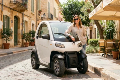 Femme choisissant une voiture sans permis électrique dans une rue ensoleillée de Montpellier