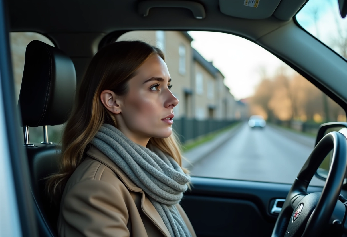 Jeune femme dans sa voiture en banlieue avec des maisons anciennes