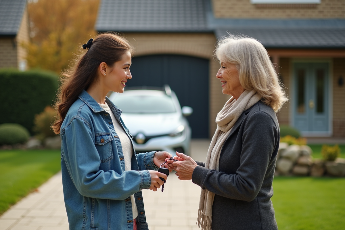 Jeune femme donnant des clés à une femme âgée dans un jardin