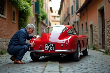 Mécanicien italien inspectant une Ferrari classique rouge des années 1960 dans une ruelle pavée de Maranello, Italie