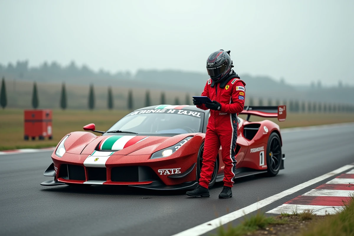 Pilote de course Ferrari en combinaison ignifugée inspectant des données sur circuit d'essai en Émilie-Romagne, Italie