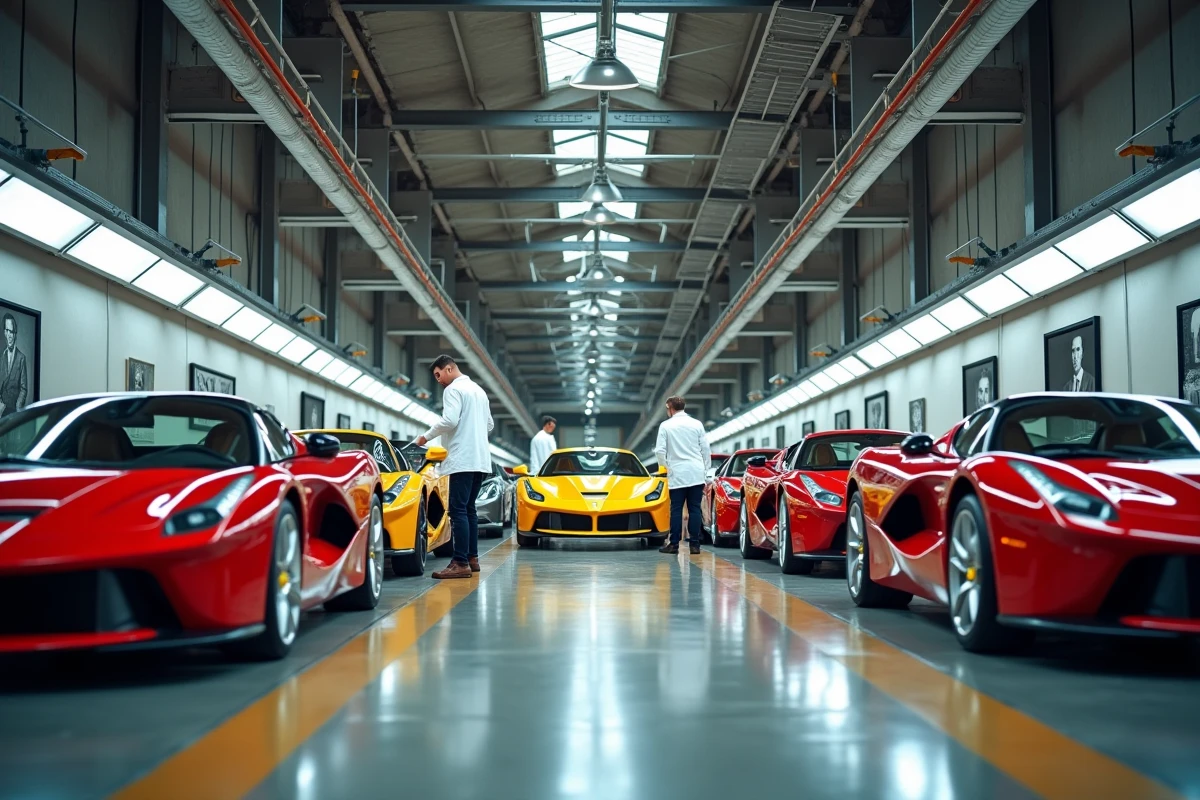 Ingénieurs italiens travaillant sur la chaîne d'assemblage Ferrari dans l'usine de Maranello en 2026