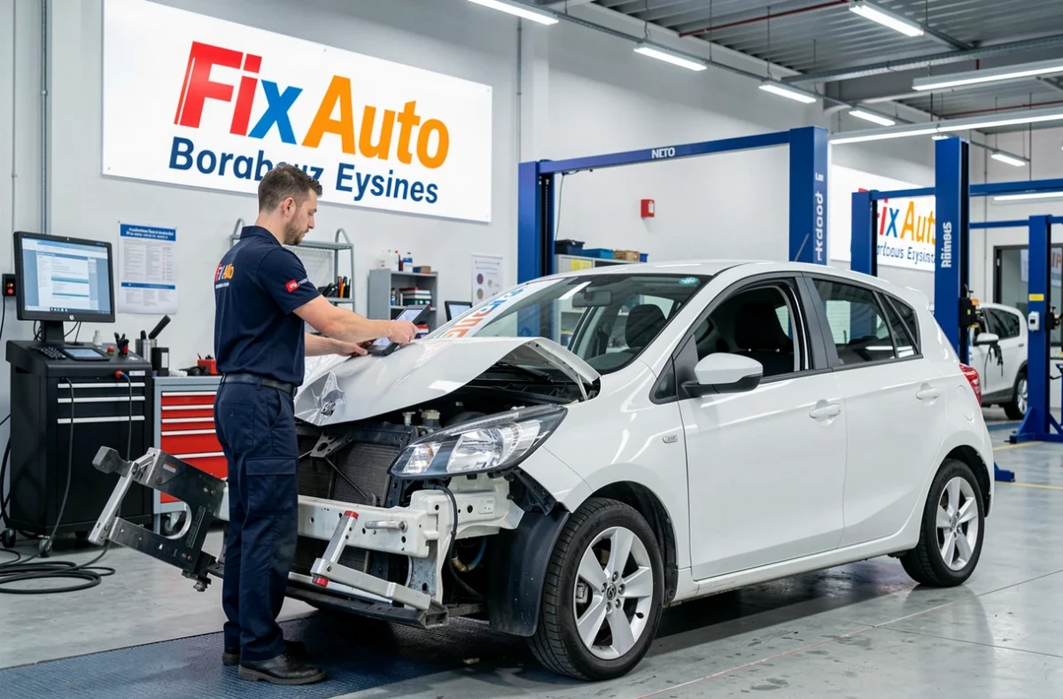 Technicien en uniforme Fix Auto utilisant une machine d'alignement de châssis sur une citadine blanche à Eysines