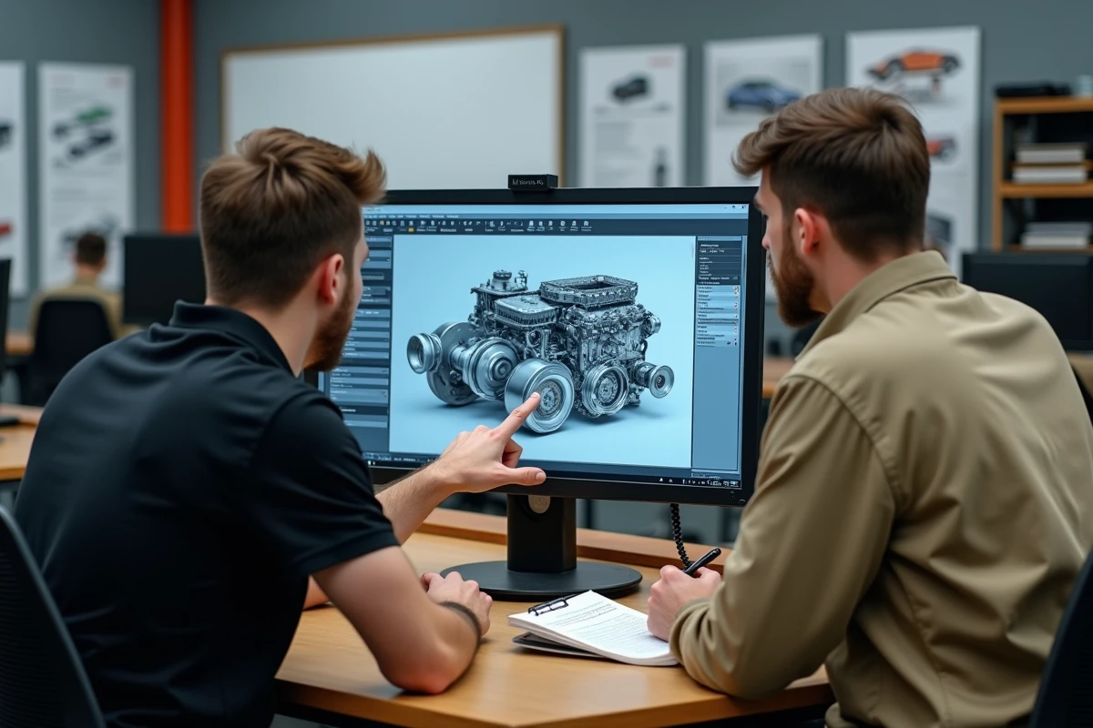 Formateur et apprenti mécanicien utilisant le logiciel New Dialogys Renault lors d'une session de formation en atelier