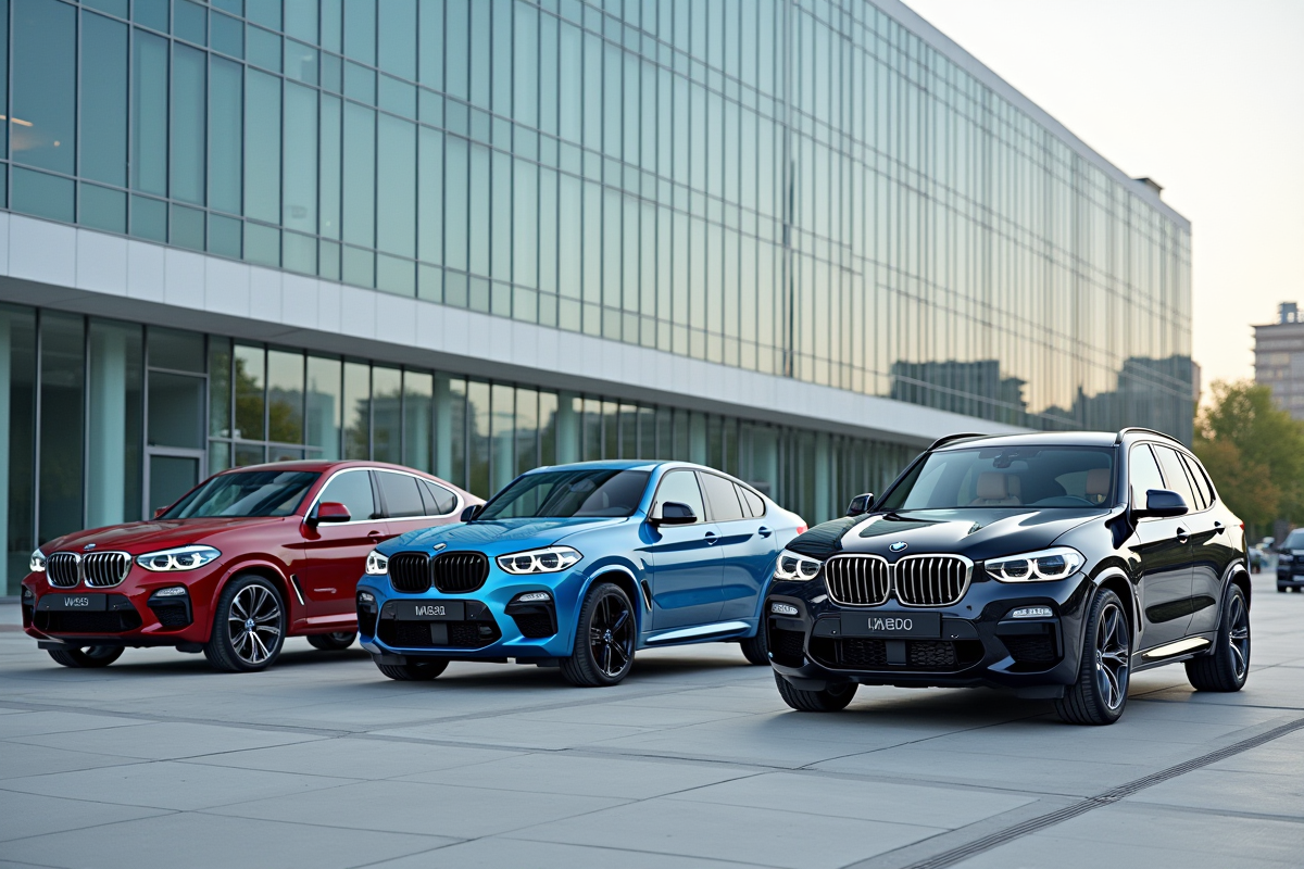 Gamme de voitures BMW hautes performances devant un bâtiment moderne