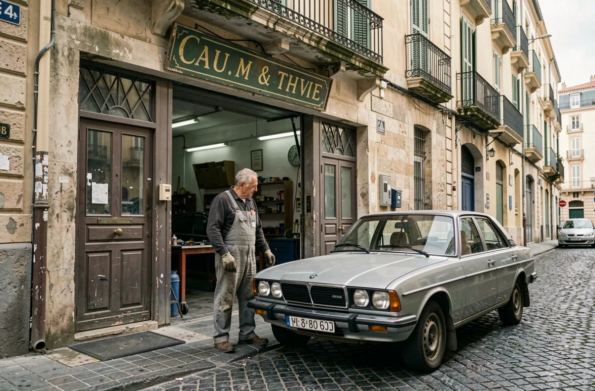 Extérieur du Garage du Chemin de Fer dans le 4e arrondissement de Marseille avec un carrossier devant l'atelier