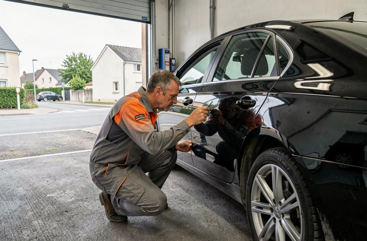 Mécanicien du Garage Entre 2 Mers à Cenon vérifiant les jeux de carrosserie d'une berline noire fraîchement repeinte