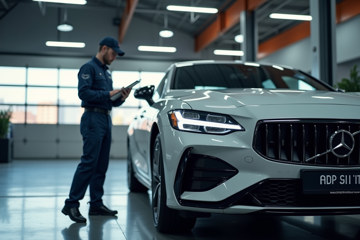 Voiture moderne dans un garage avec un mécanicien vérifiant