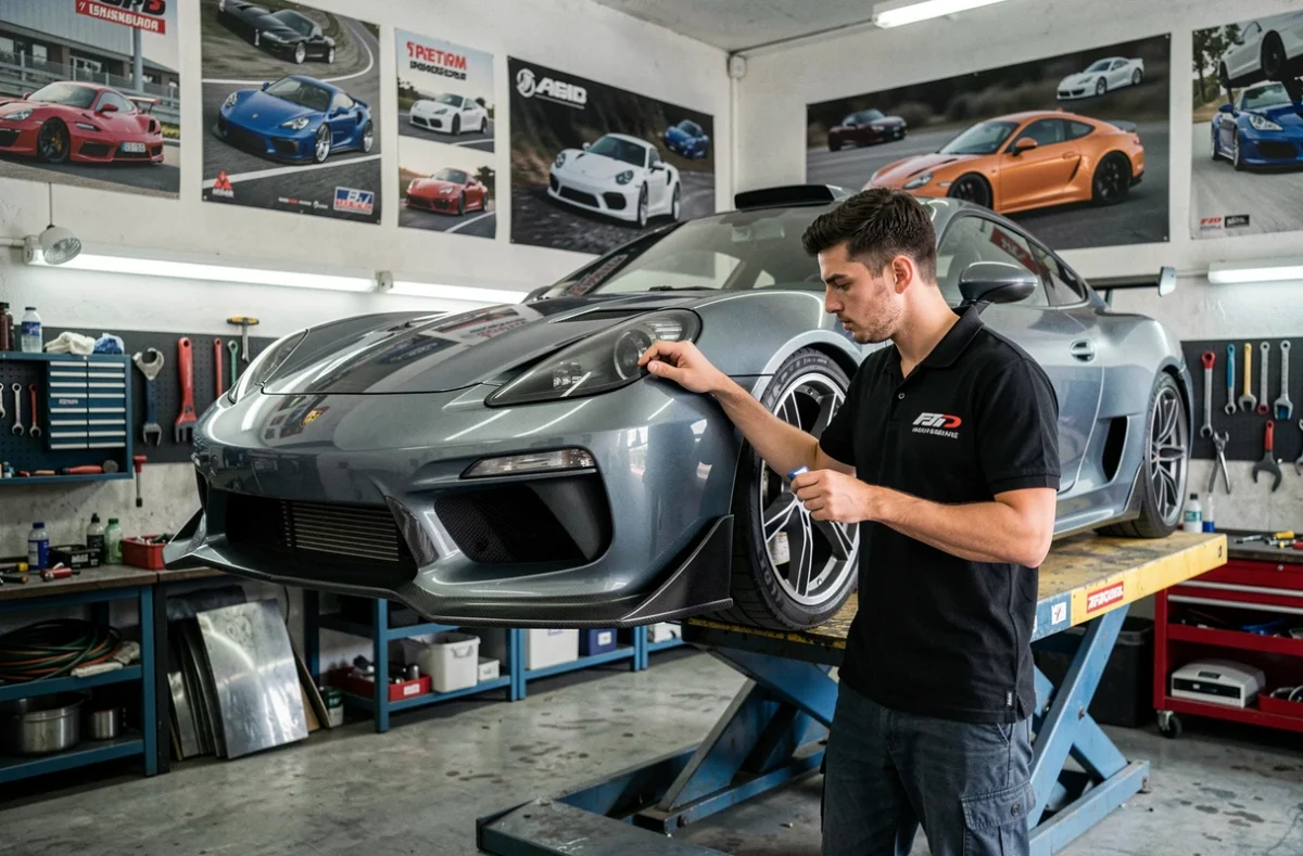 Mécanicien de Génération Racing Auto inspectant le kit carrosserie d'une voiture sportive préparée dans l'atelier marseillais