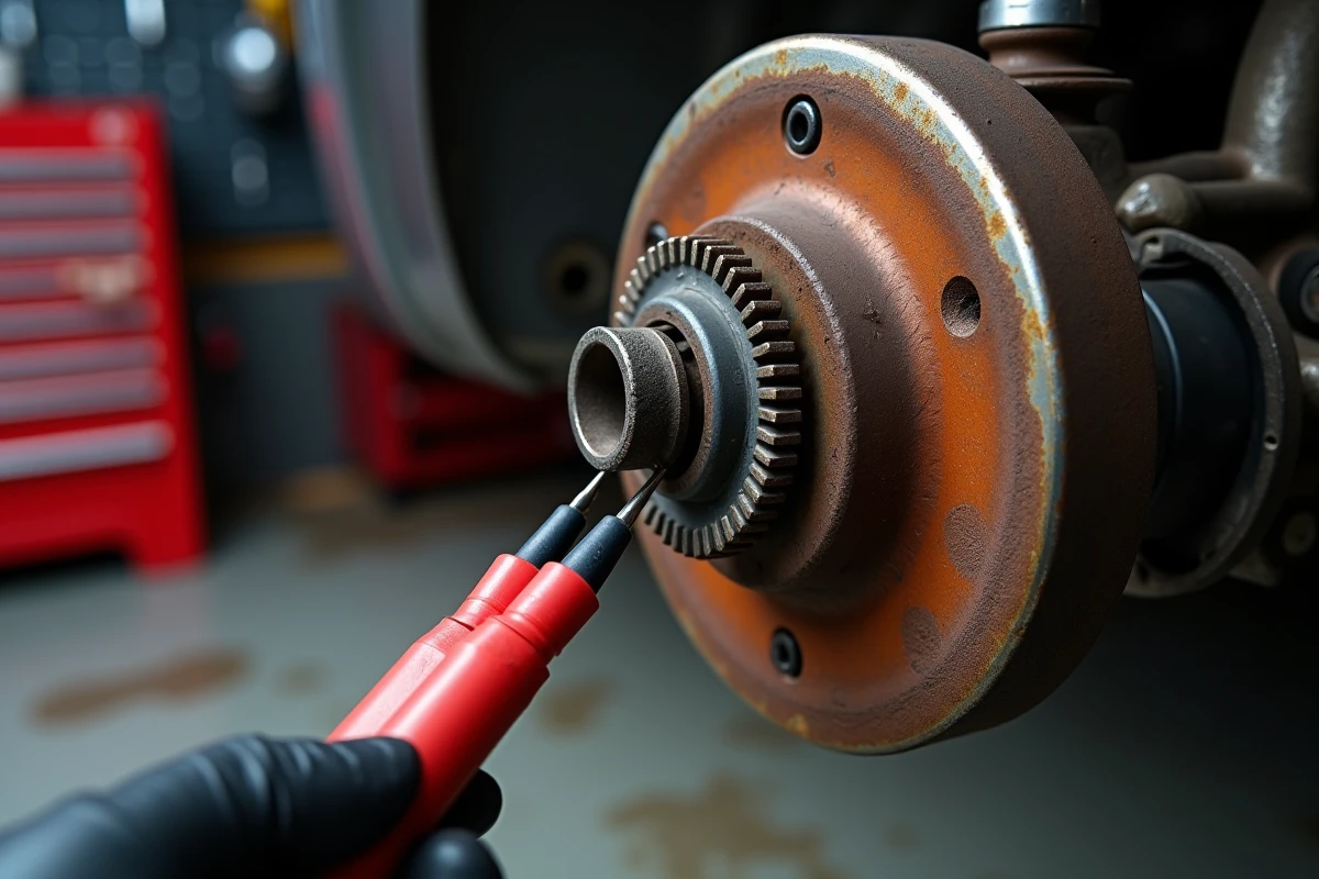 Gros plan sur un capteur ABS et anneau de relucteur testé au multimètre par un mécanicien en atelier