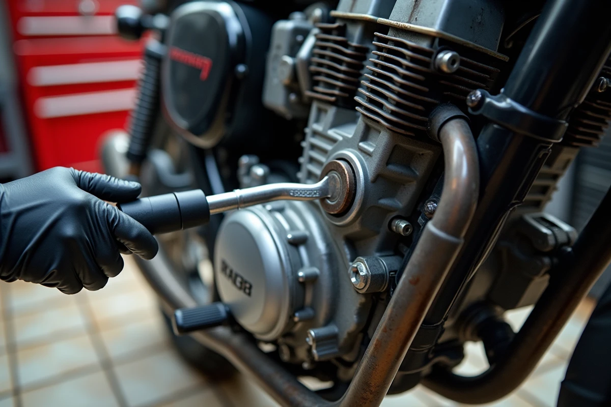 Gros plan sur le moteur d'un R7 A2 pendant une opération d'entretien mécanique
