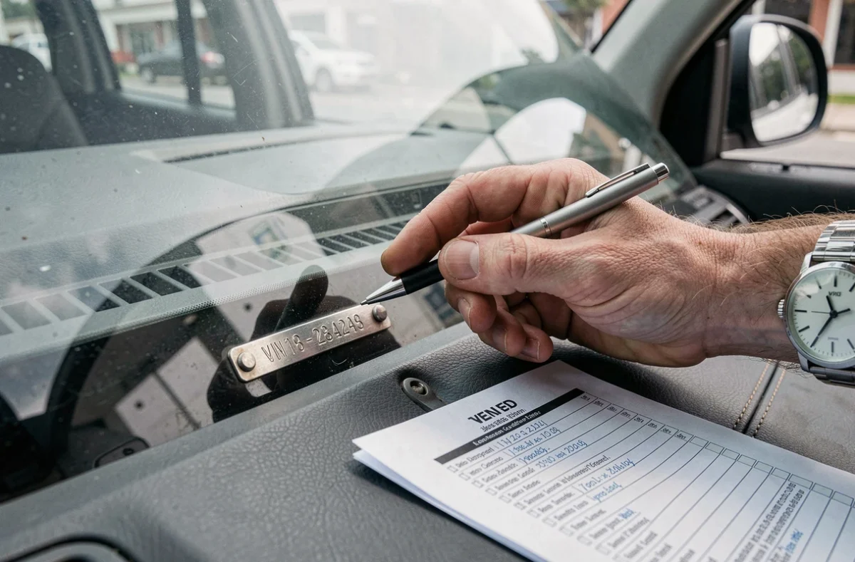 Gros plan sur une plaque VIN de voiture d'occasion avec une main pointant le numéro d'identification du véhicule lors d'une vérification avant achat