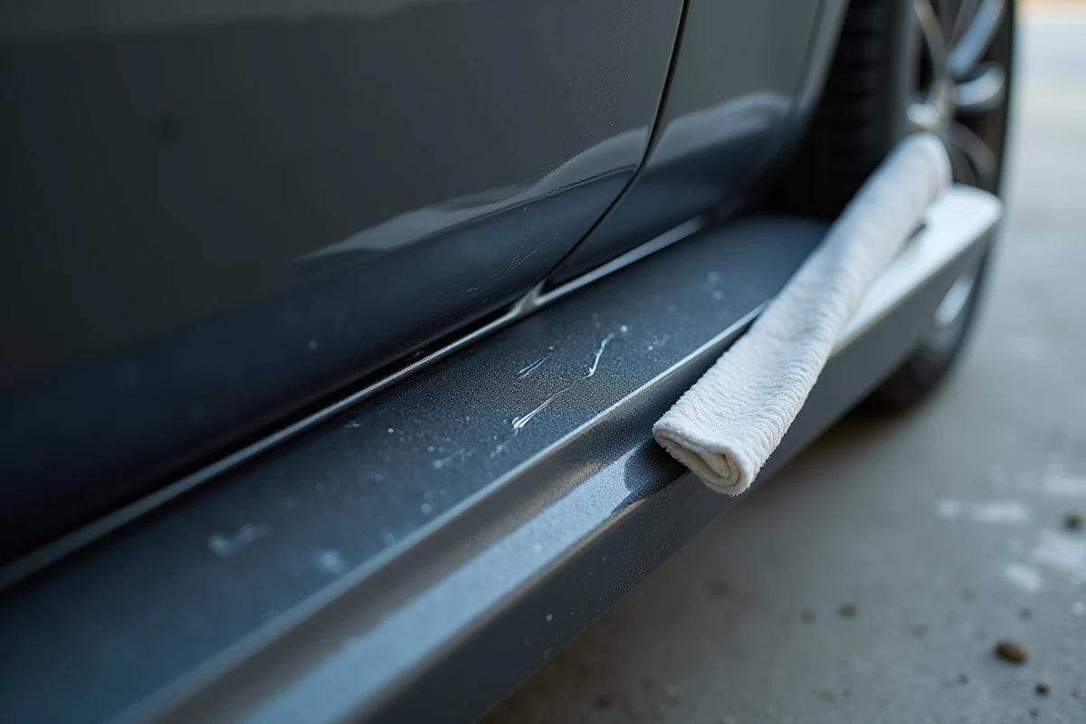Gros plan sur des rayures sur un plastique de carrosserie automobile avec produit réparateur