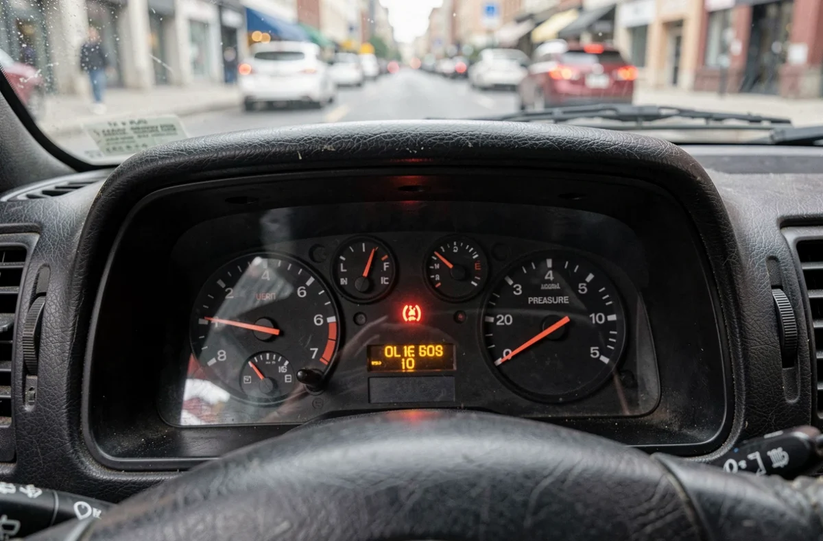 Gros plan sur le voyant d'huile allumé sur le tableau de bord d'une voiture en circulation en ville