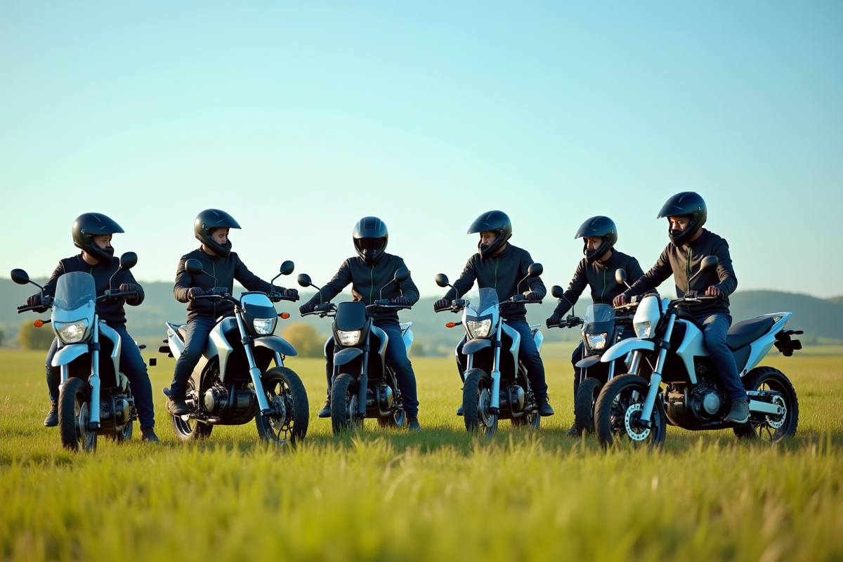 Groupe d adolescents en équipement de protection avec motos en campagne