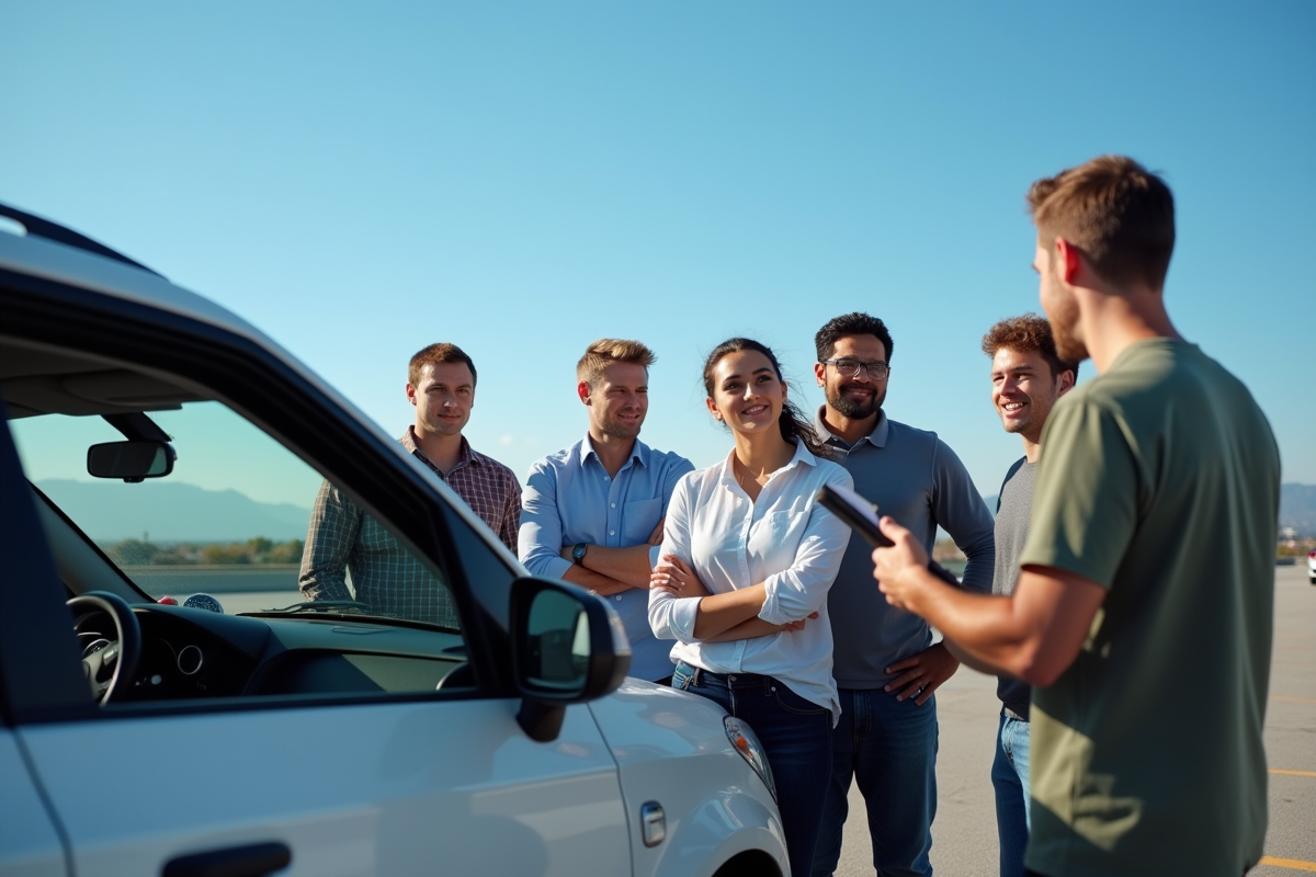 Groupe d'apprenants en conduite avec instructeur dans un parking