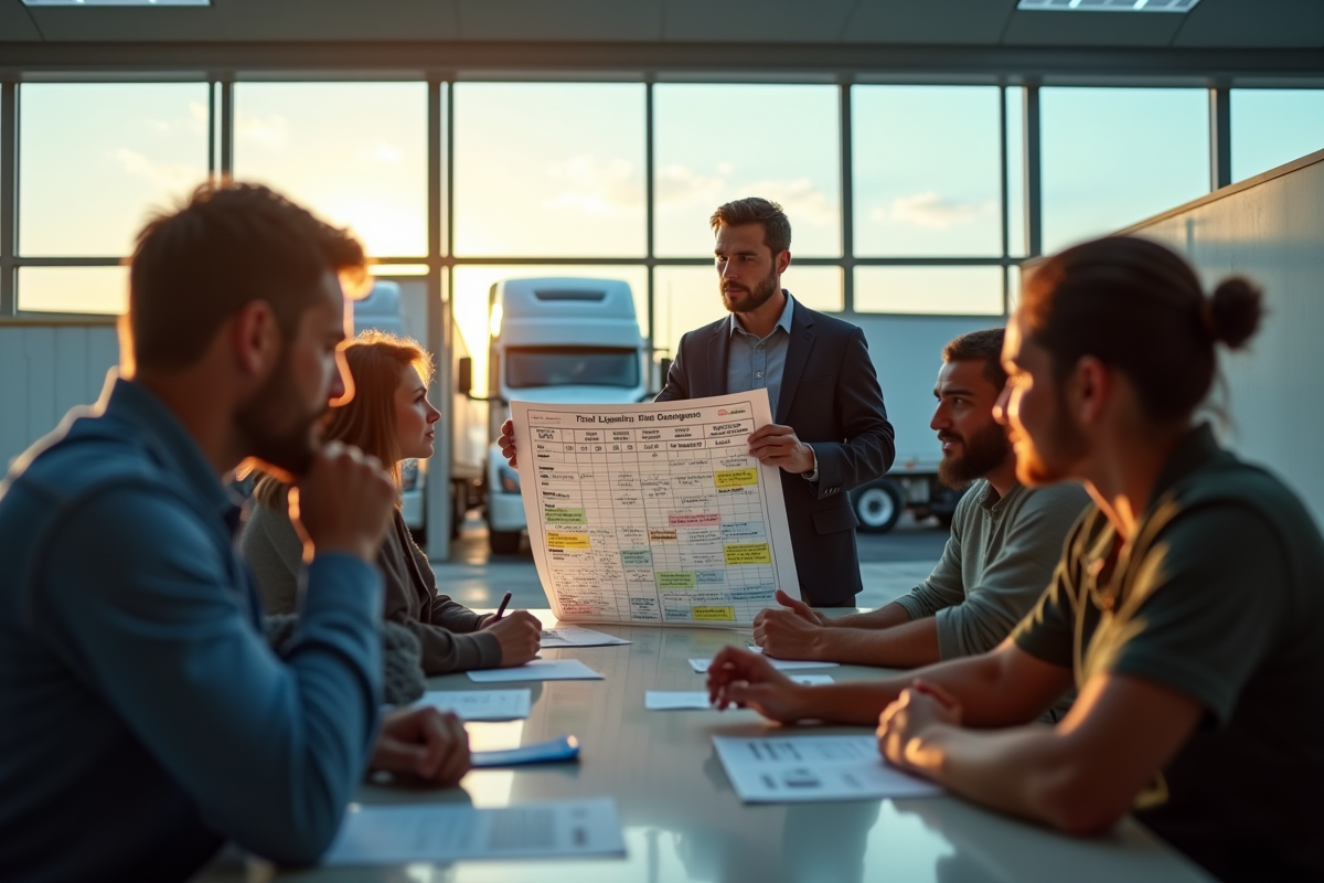 Groupe de conducteurs de camions étudiant un tableau de classification CDL