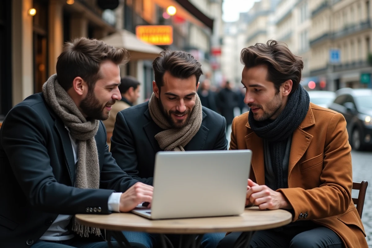 Groupe de producteurs de musique discutant en terrasse parisienne