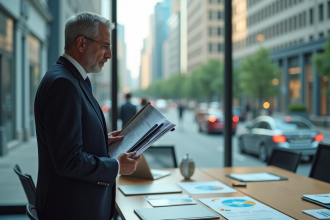 Homme d'affaires avec dossier de securite routiere en interieur