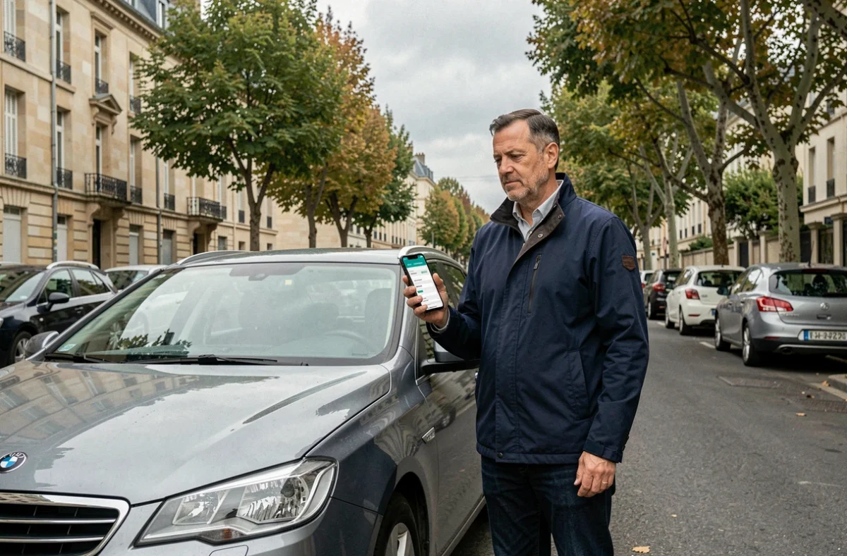 Homme vérifiant le prix de son assurance auto sur smartphone devant sa voiture dans une rue française