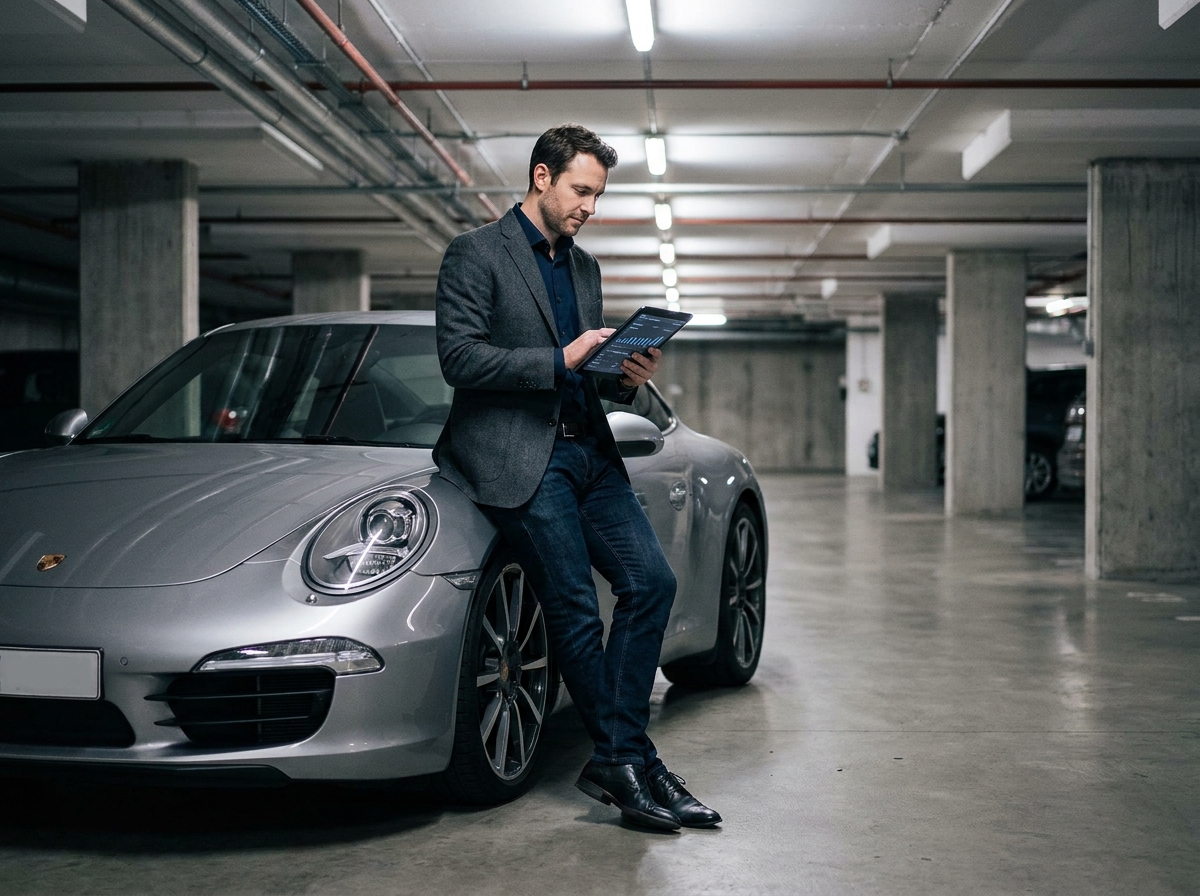 Homme en blazer consultant des documents d'assurance appuyé contre une Porsche 911 argentée dans un parking souterrain
