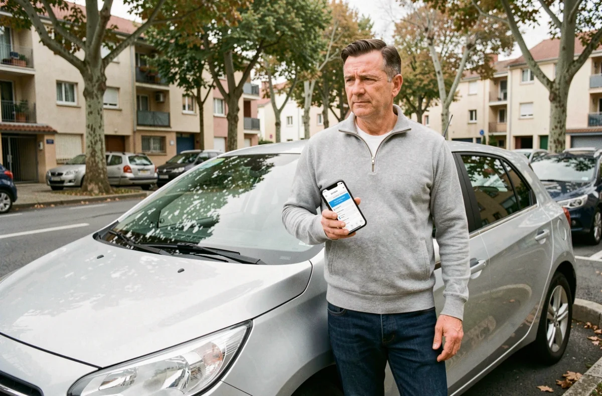 Homme vérifiant son assurance voiture Suravenir sur smartphone à côté de sa voiture