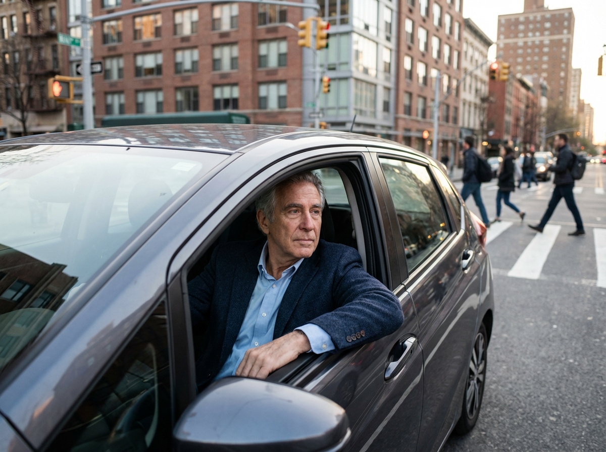 Homme en blazer dans une voiture en ville au feu rouge