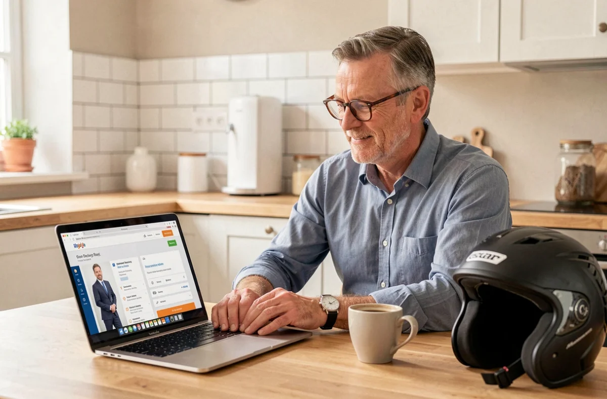 Homme d'âge mûr consultant des avis fiables sur une assurance moto depuis son ordinateur portable en cuisine