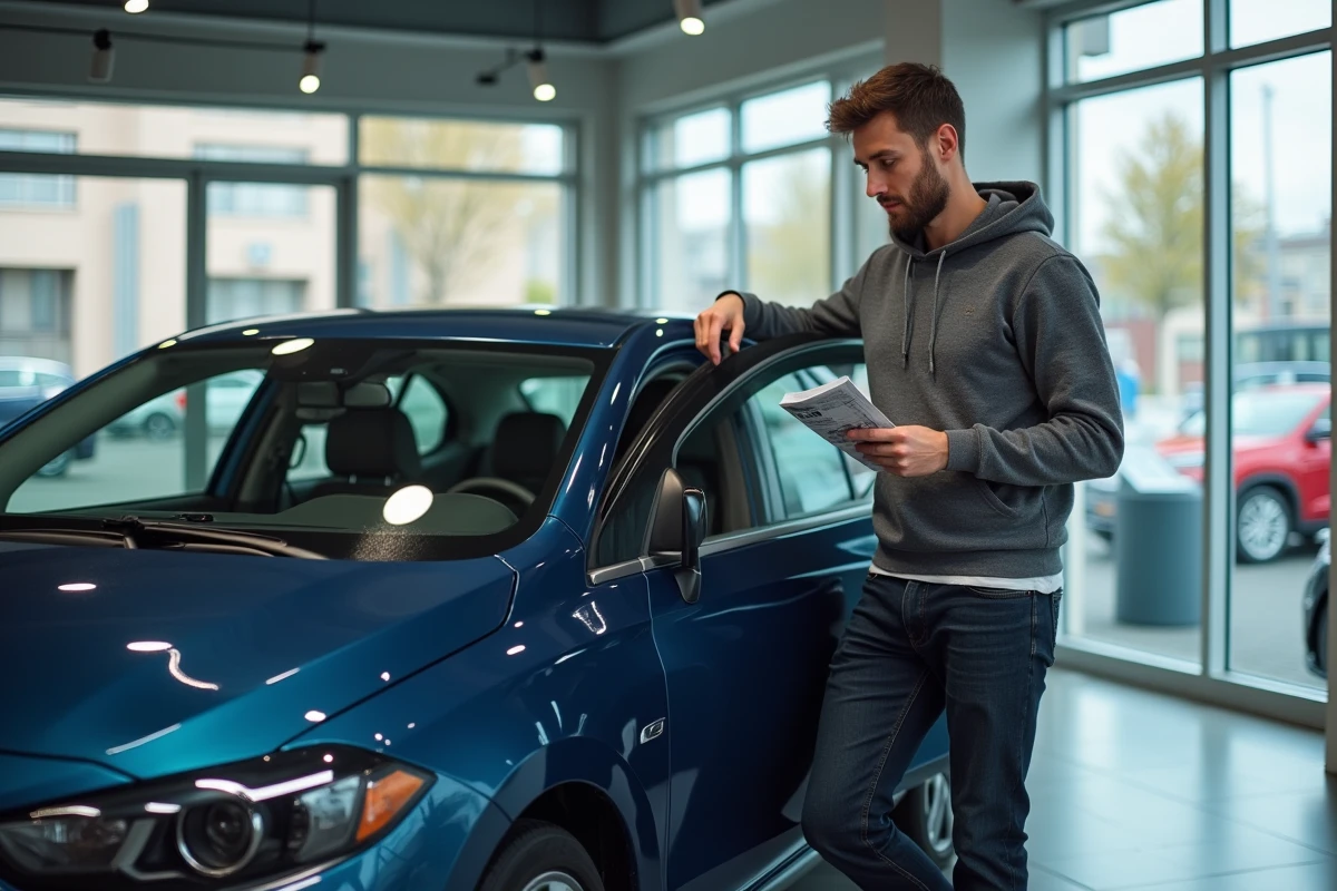 Homme consultant une brochure appuyé contre une berline asiatique bleue dans un showroom automobile