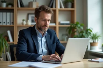 Homme d'âge moyen travaillant sur son ordinateur dans un bureau lumineux